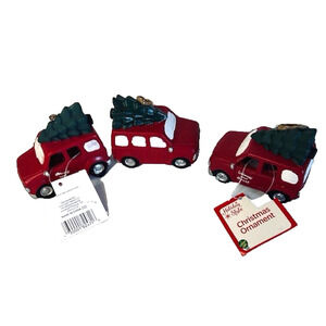 T J Maxx Merry & Bright 3 Red Ceramic Station Wagon w/Tree Ornament Light Up